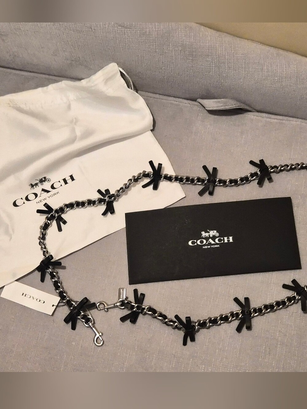 Coach Leather Chain Strap Silver With Black Bows - A Rare, HTF Classic - CY260